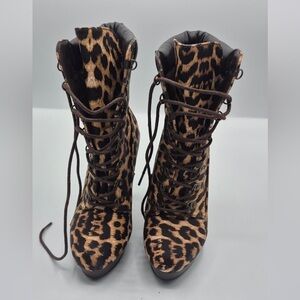 Shoe Dazzle Brown Leopard Lace-Up Boots